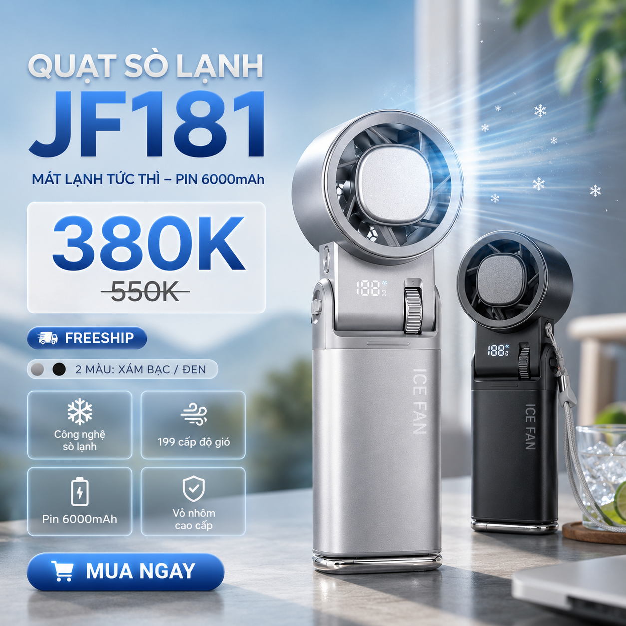 Banner khuyến mãi quạt sò lạnh JF181 xám