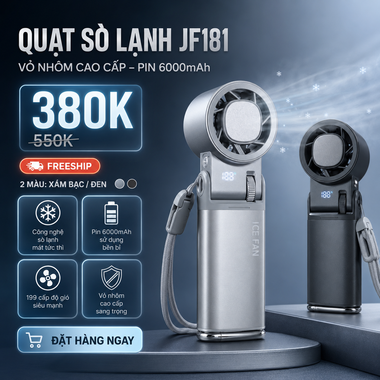 Banner khuyến mãi quạt sò lạnh JF181 đen